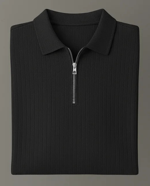 Ribbed Knit Half-Zip Polo Shirt Black