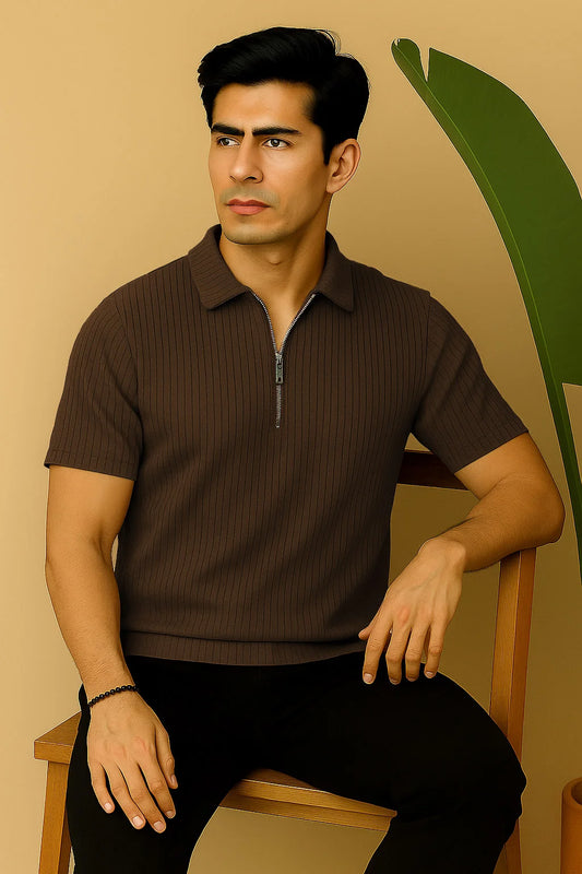Ribbed Knit Half-Zip Polo Shirt Brown