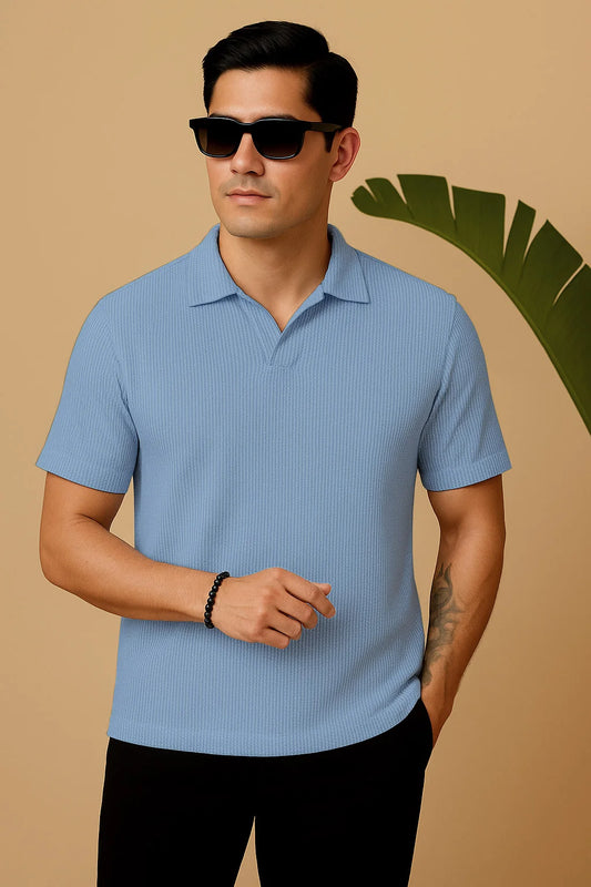 Manfinity RelaxMax Solid Waffle Knit Polo Shirt Sky Blue