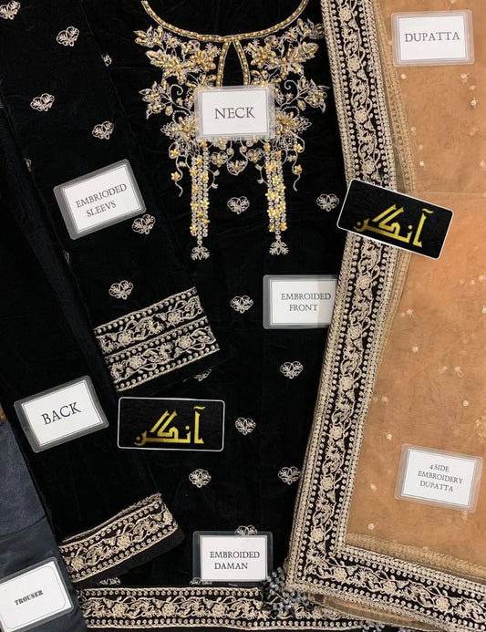 Velvet Embroidered Hand Embellished Luxury Unstitched 3 Piece
