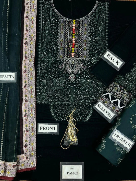 Velvet Embroidered Hand Embellished Luxury Unstitched 3 Piece