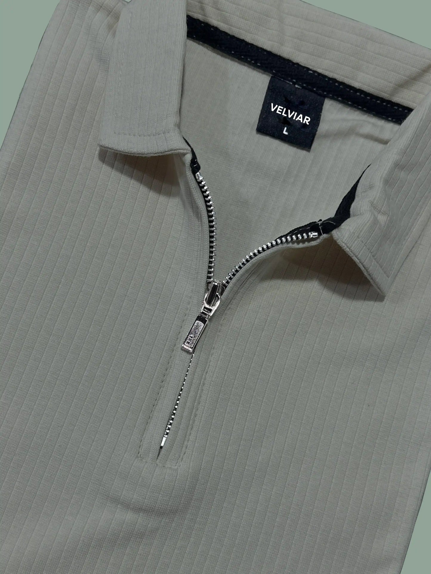 Ribbed Knit Half-Zip Polo Shirt Beige