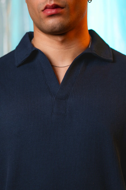 Manfinity RelaxMax Solid Waffle Knit Polo Shirt Navy Blue