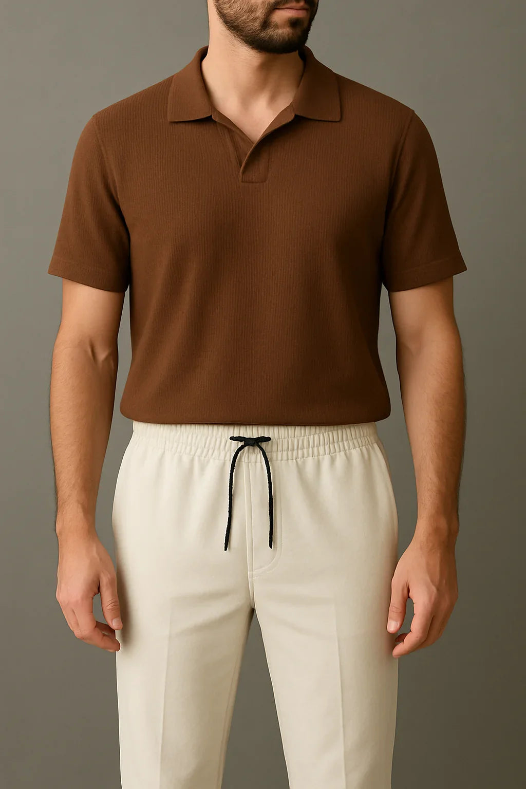 Co ord sets of old money outfits, polo shirts, cargo trousers, round neck t shirts, polo in zip, drawstring pants and more