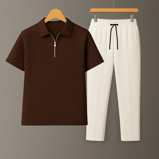 Knit Zip Brown Polo Shirt & White Drawstring Trouser