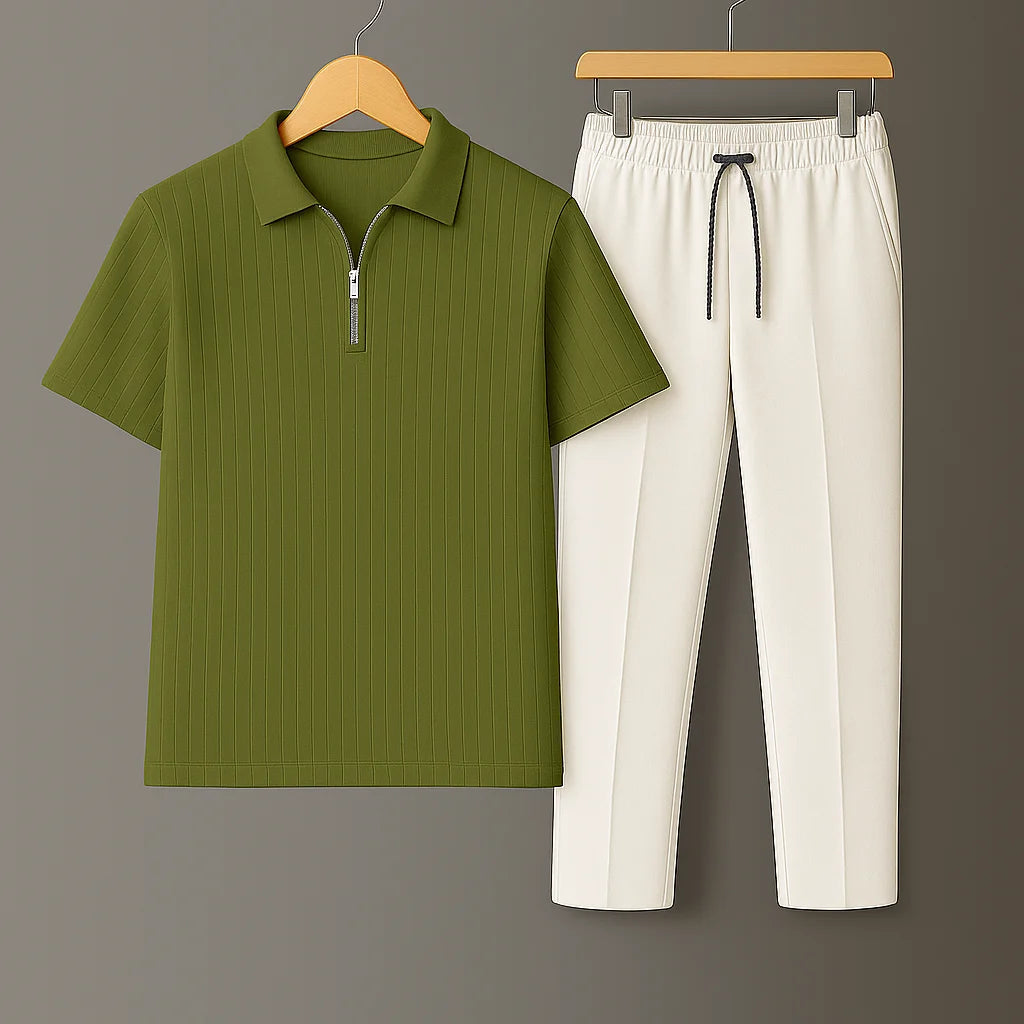 Knit Zip Olive Green Polo Shirt & White Drawstring Trouser