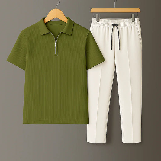 Knit Zip Olive Green Polo Shirt & White Drawstring Trouser