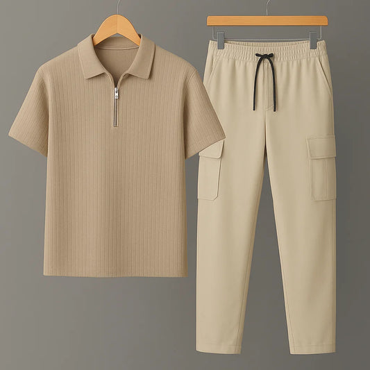 Knit Zip Beige Polo Shirt & Cool Beige Cargo Trouser