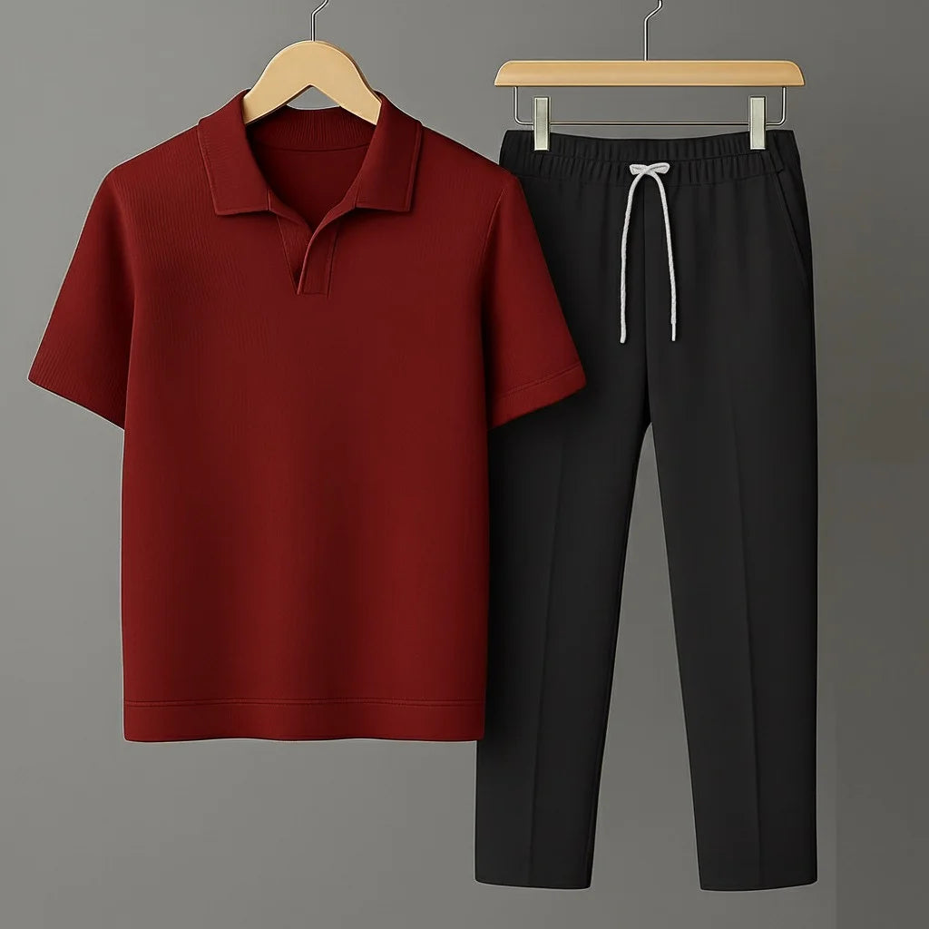 Knit Maroon Polo Shirt & Black Drawstring Trouser