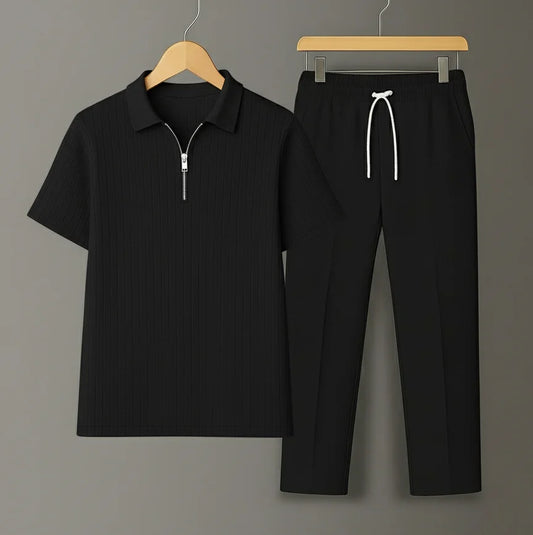 Knit Zip Black Polo Shirt & Black Drawstring Trouser