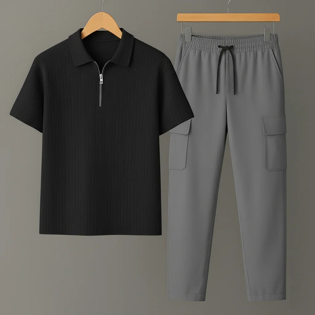 Knit Zip Black Polo Shirt & Gray Cargo Trouser