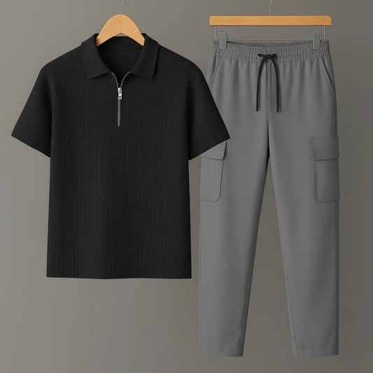 Knit Zip Black Polo Shirt & Gray Cargo Trouser