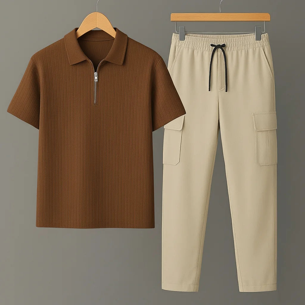 Knit Zip Brown Polo Shirt & Cool Beige Cargo Trouser