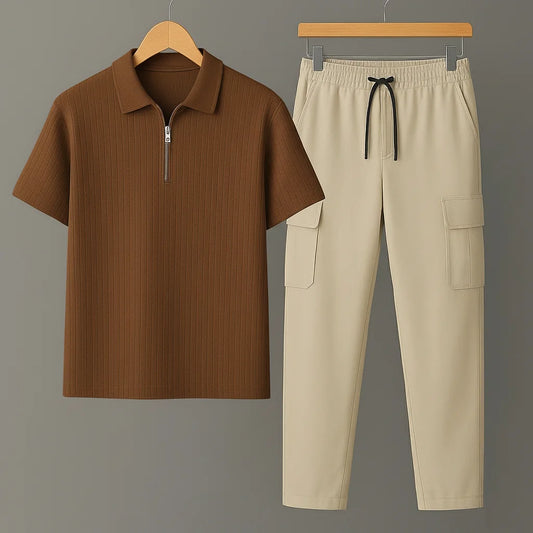 Knit Zip Brown Polo Shirt & Cool Beige Cargo Trouser