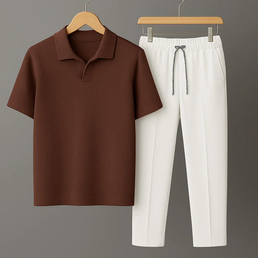 Knit Brown Polo Shirt & White Drawstring Trouser