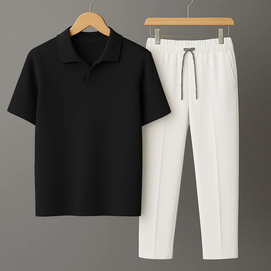 Knit Black Polo Shirt & White Drawstring Trouser