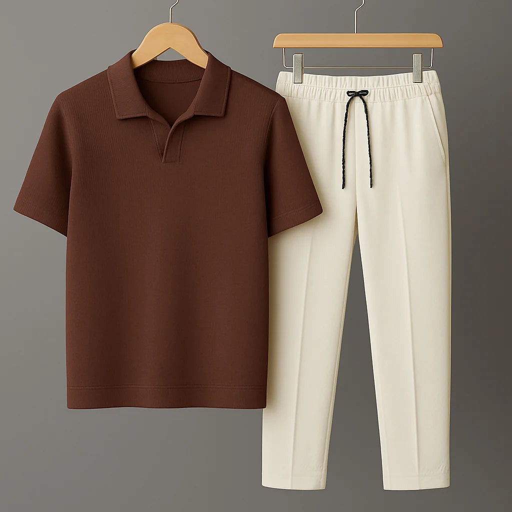 Knit Brown Polo Shirt & Beige Drawstring Trouser