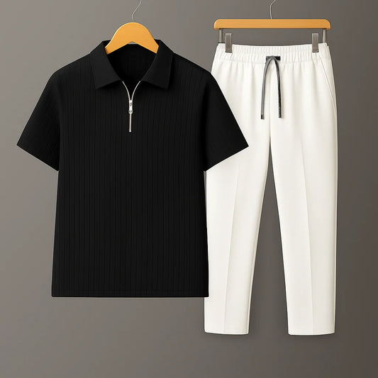 Knit Zip Black Polo Shirt & White Drawstring Trouser