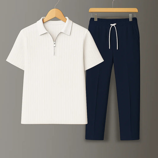 Knit Zip White Polo Shirt & Navy Blue Drawstring Trouser
