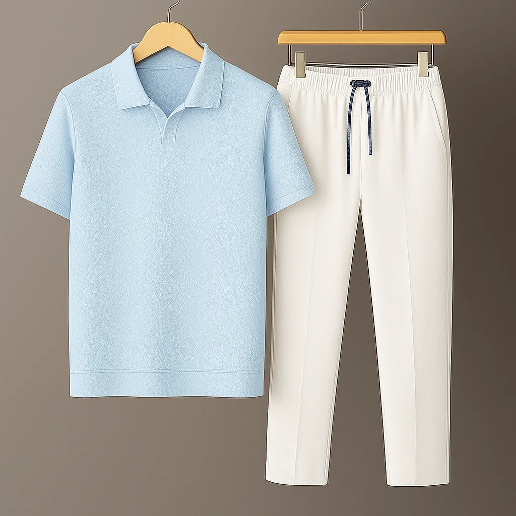 Knit Sky Blue Polo Shirt & White Drawstring Trouser