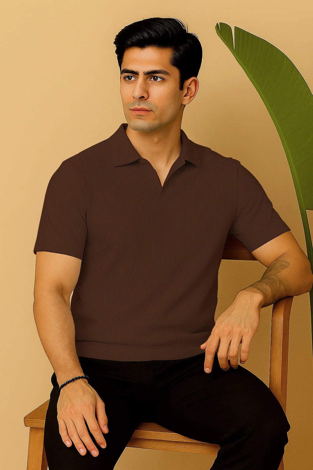 Manfinity RelaxMax Solid Waffle Knit Polo Shirt Brown