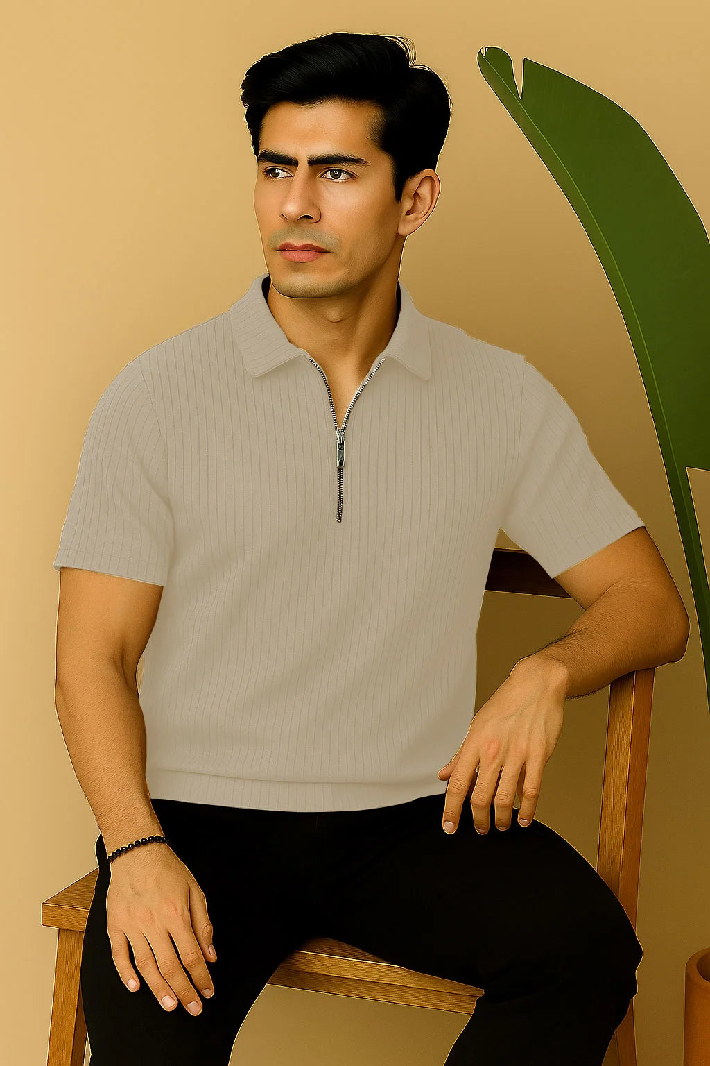 Ribbed Knit Half-Zip Polo Shirt Beige