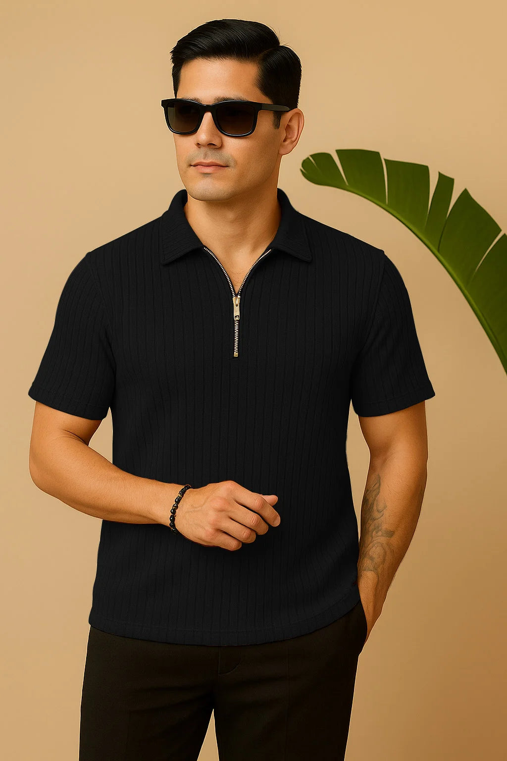 Ribbed Knit Half-Zip Polo Shirt Black