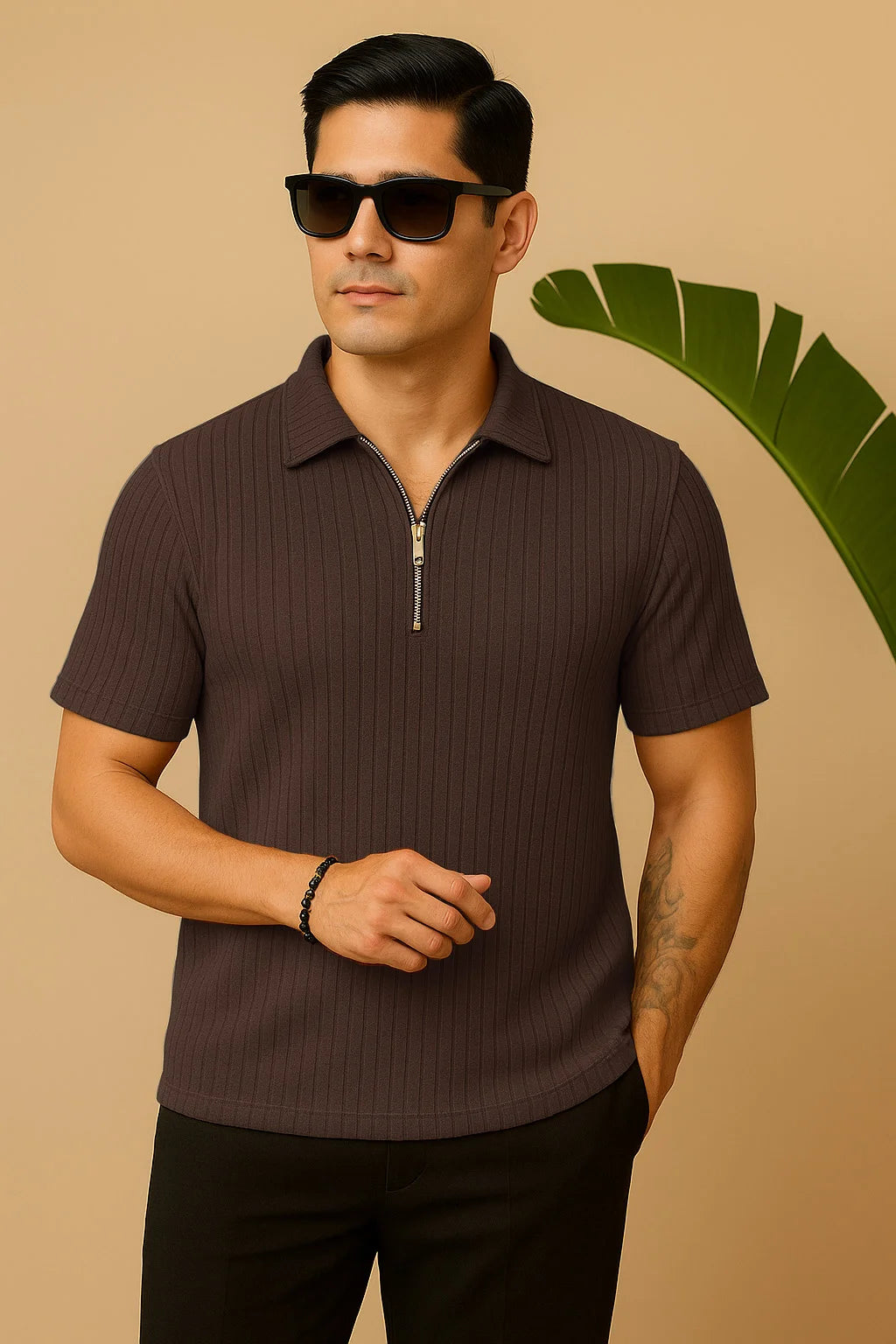 Ribbed Knit Half-Zip Polo Shirt Brown
