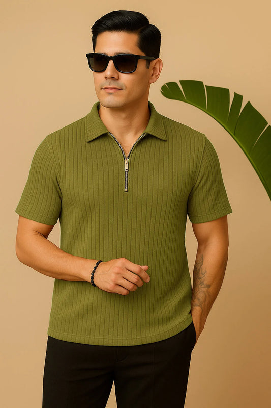 Ribbed Knit Half-Zip Polo Shirt Olive Green