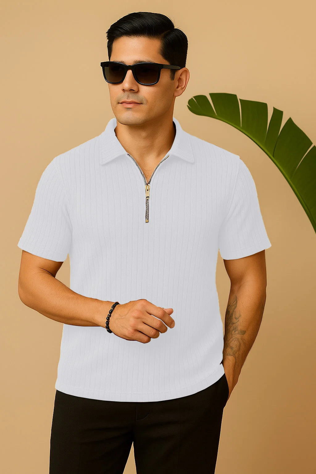 Ribbed Knit Half-Zip Polo Shirt White