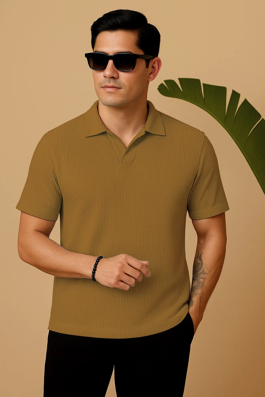 Manfinity RelaxMax Solid Waffle Knit Polo Shirt Mustard