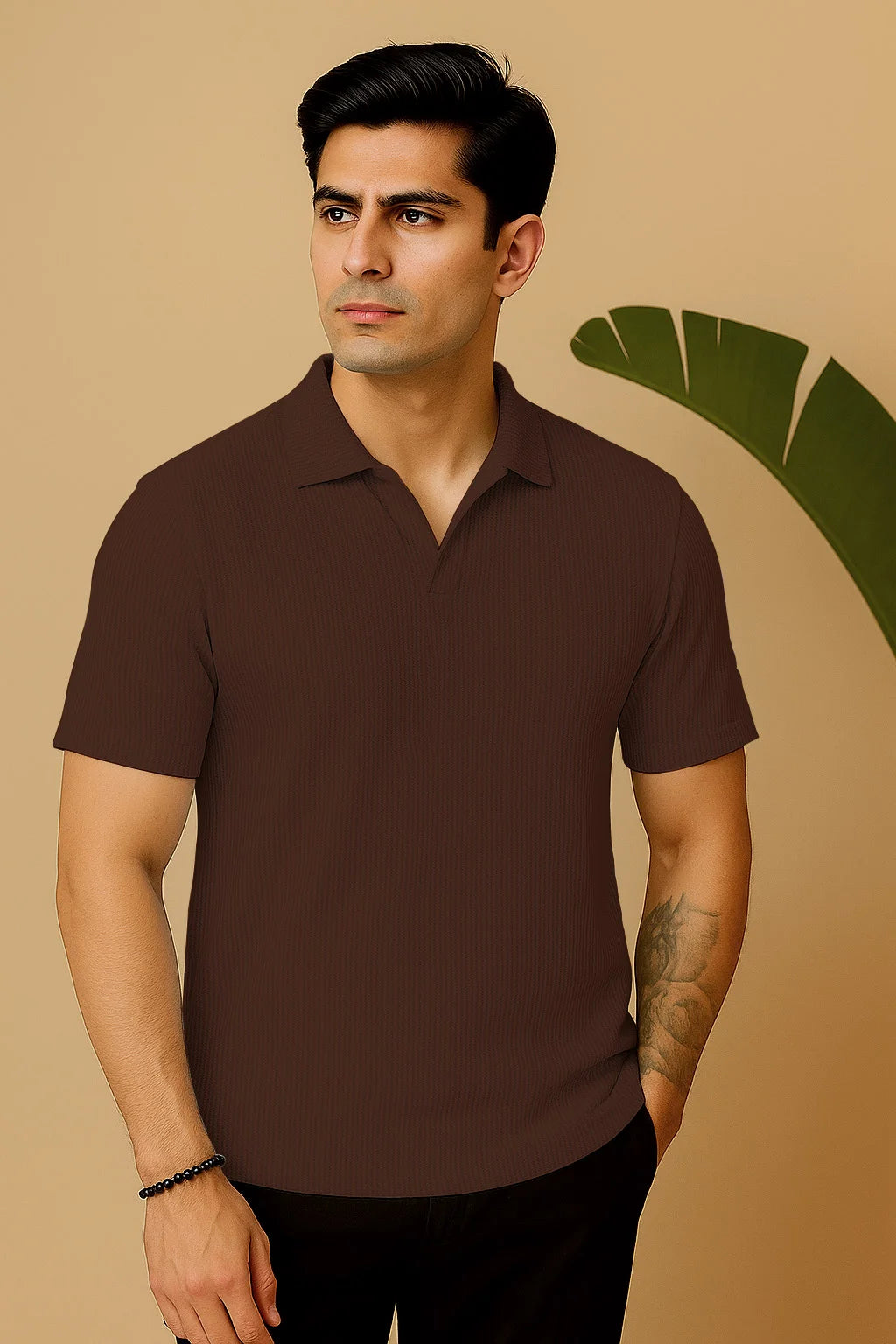 Manfinity RelaxMax Solid Waffle Knit Polo Shirt Brown