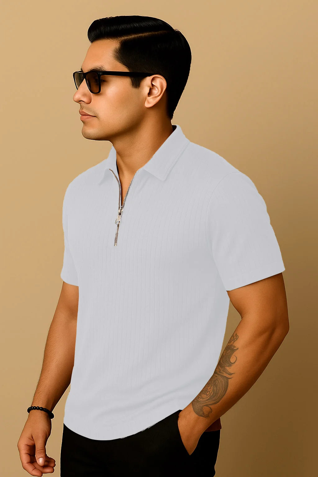 Ribbed Knit Half-Zip Polo Shirt White