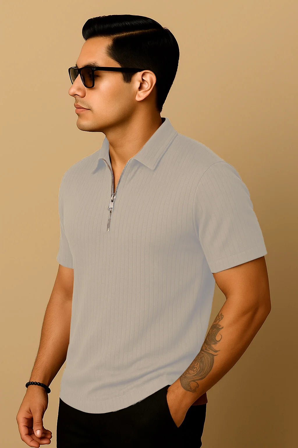 Ribbed Knit Half-Zip Polo Shirt Beige