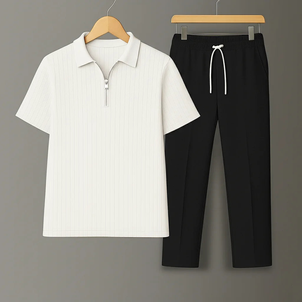 Knit Zip White Polo Shirt & Black Drawstring Trouser