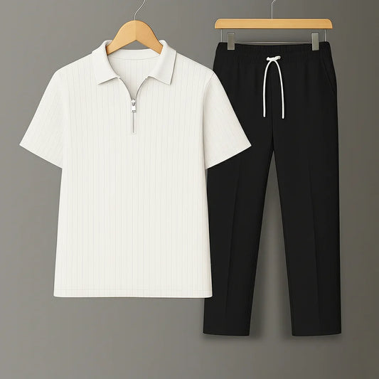 Knit Zip White Polo Shirt & Black Drawstring Trouser