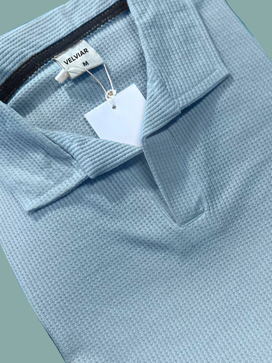Knit Sky Blue Polo Shirt & White Drawstring Trouser