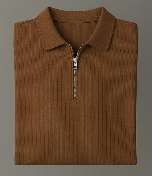 Knit Zip Brown Polo Shirt & Cool Beige Cargo Trouser