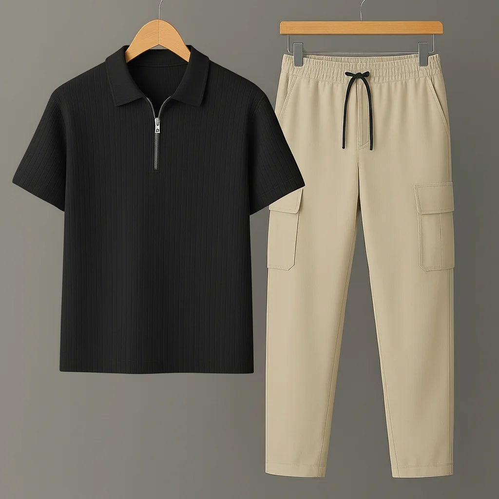 Knit Zip Black Polo Shirt & Cool Beige Cargo Trouser
