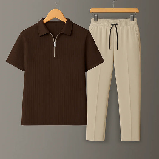 Knit Zip Brown Polo Shirt & Beige Drawstring Trouser