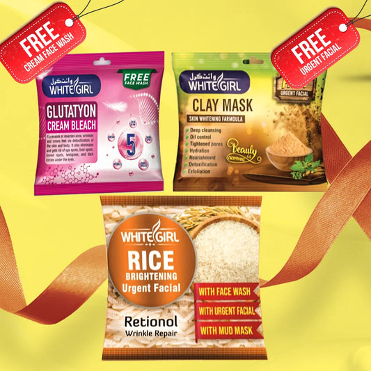 Pack of 3 Glow Boost Facial Kit – Glutathione Bleach, Clay Mask & Rice Facial