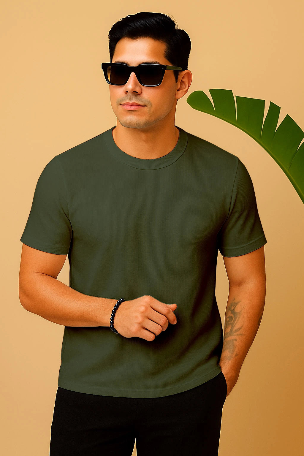 Round Neck Knitted Textured T Shirt Green