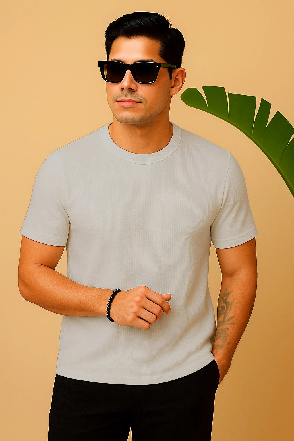 Round Neck Knitted Textured T Shirt Off White