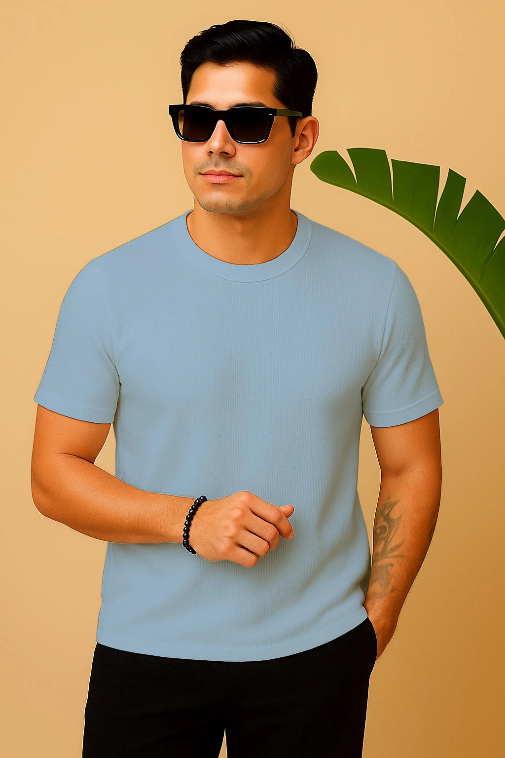 Round Neck Knitted Textured T Shirt Sky Blue