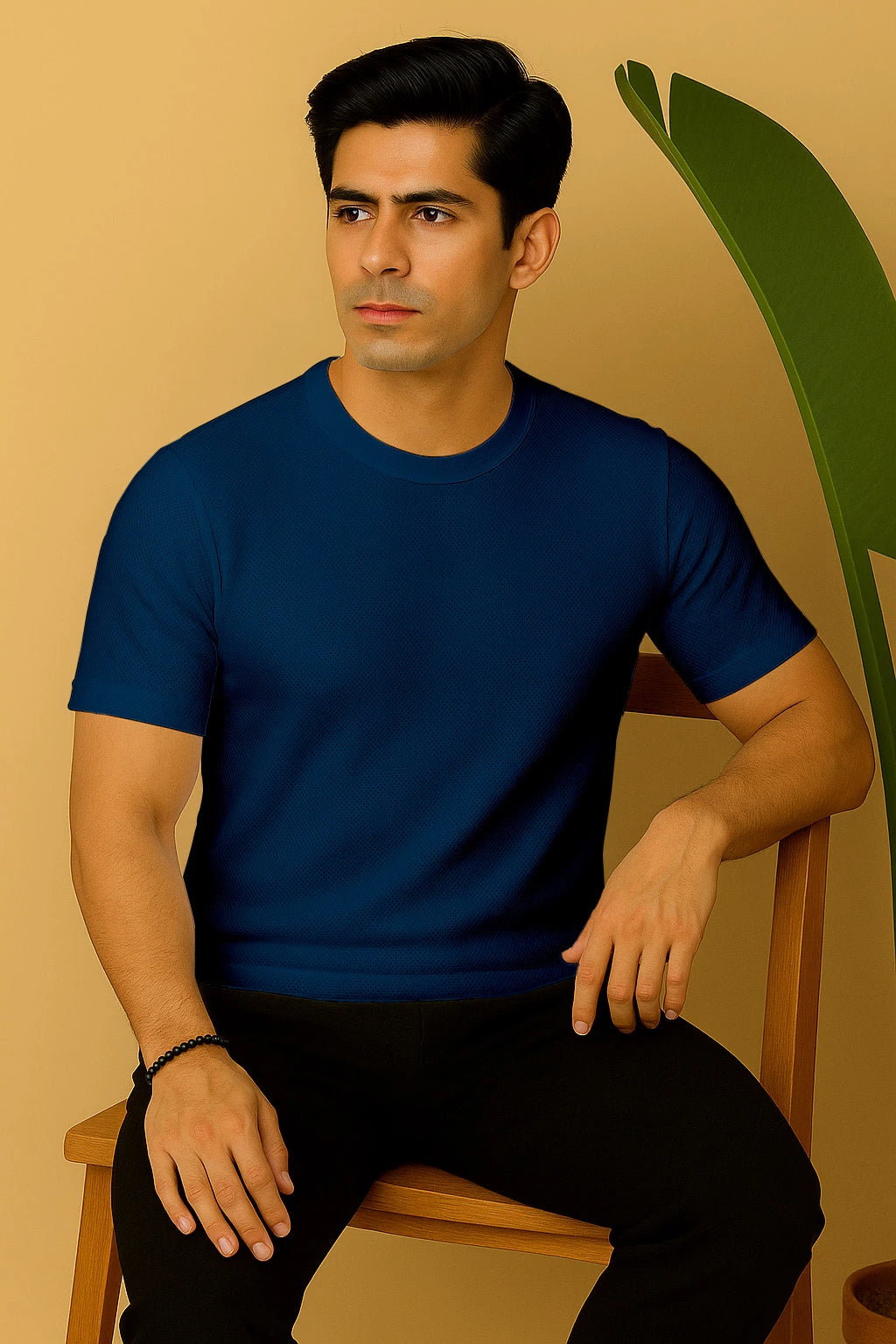 Round Neck Knitted Textured T Shirt Dark Blue