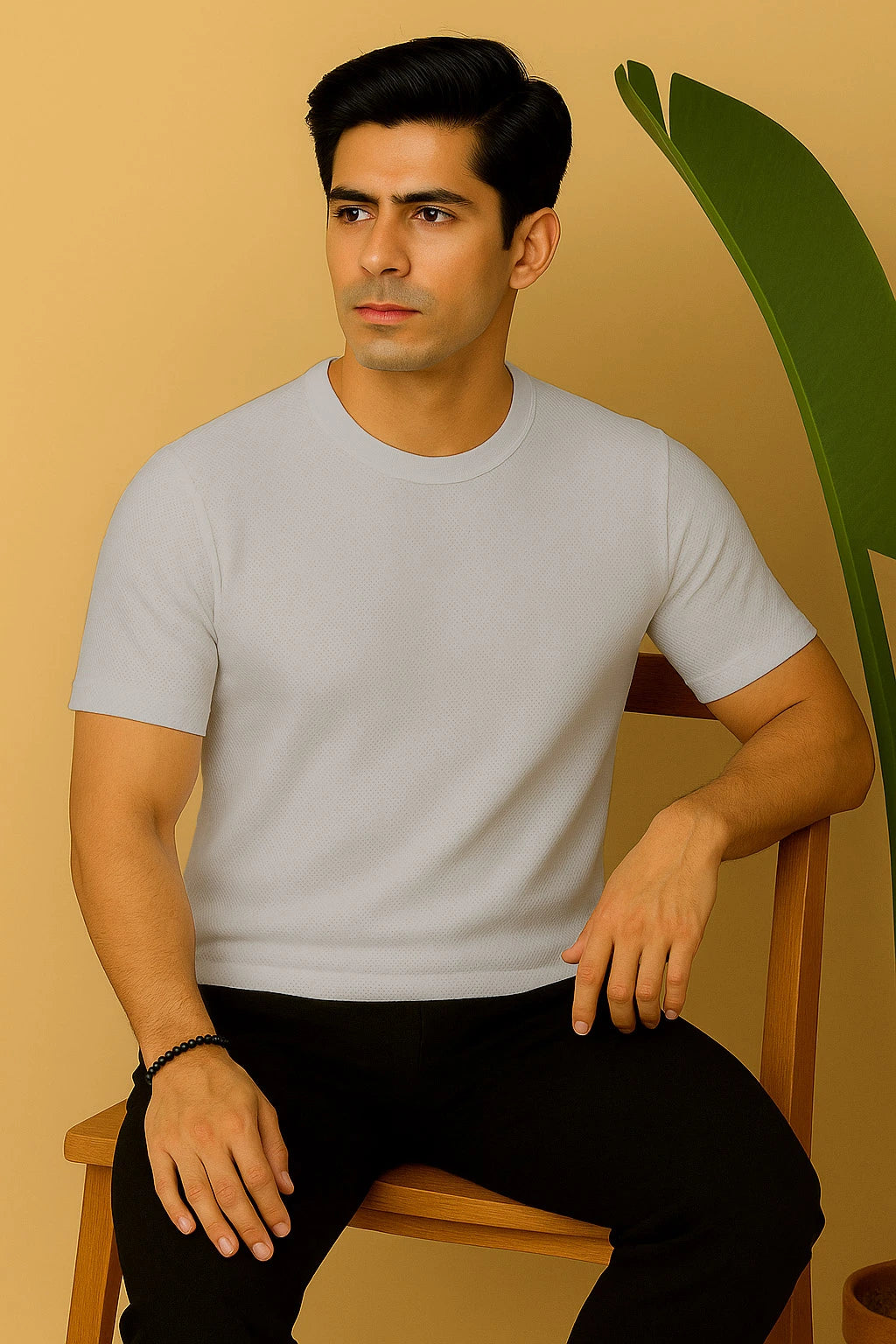 Round Neck Knitted Textured T Shirt Off White