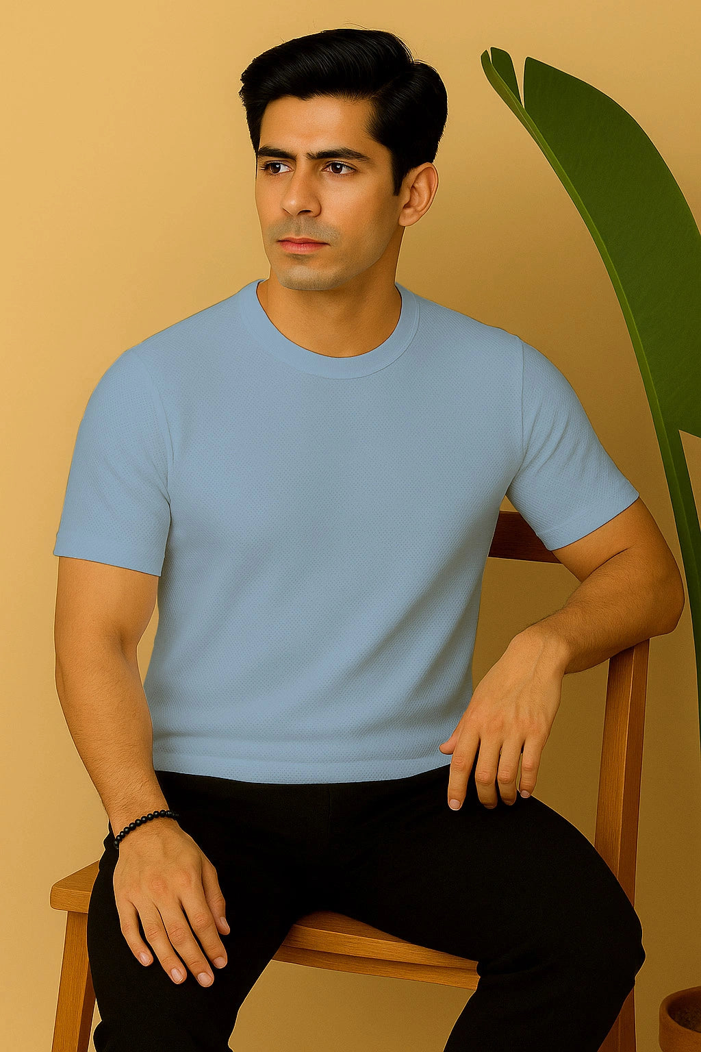 Round Neck Knitted Textured T Shirt Sky Blue