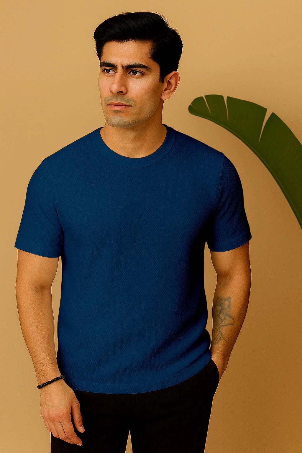 Round Neck Knitted Textured T Shirt Dark Blue