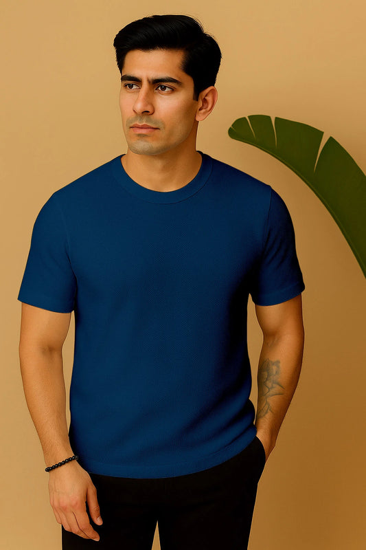 Round Neck Knitted Textured T Shirt Dark Blue
